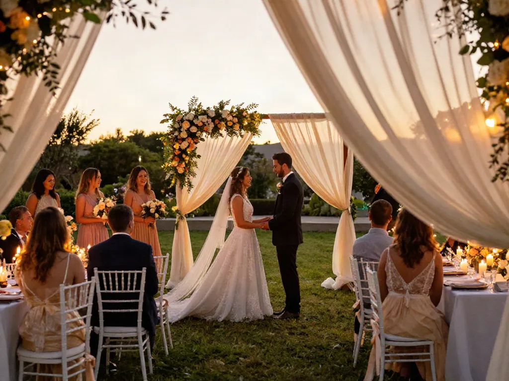 Event rentals for a stunning outdoor wedding ceremony with floral decor and elegant lighting.