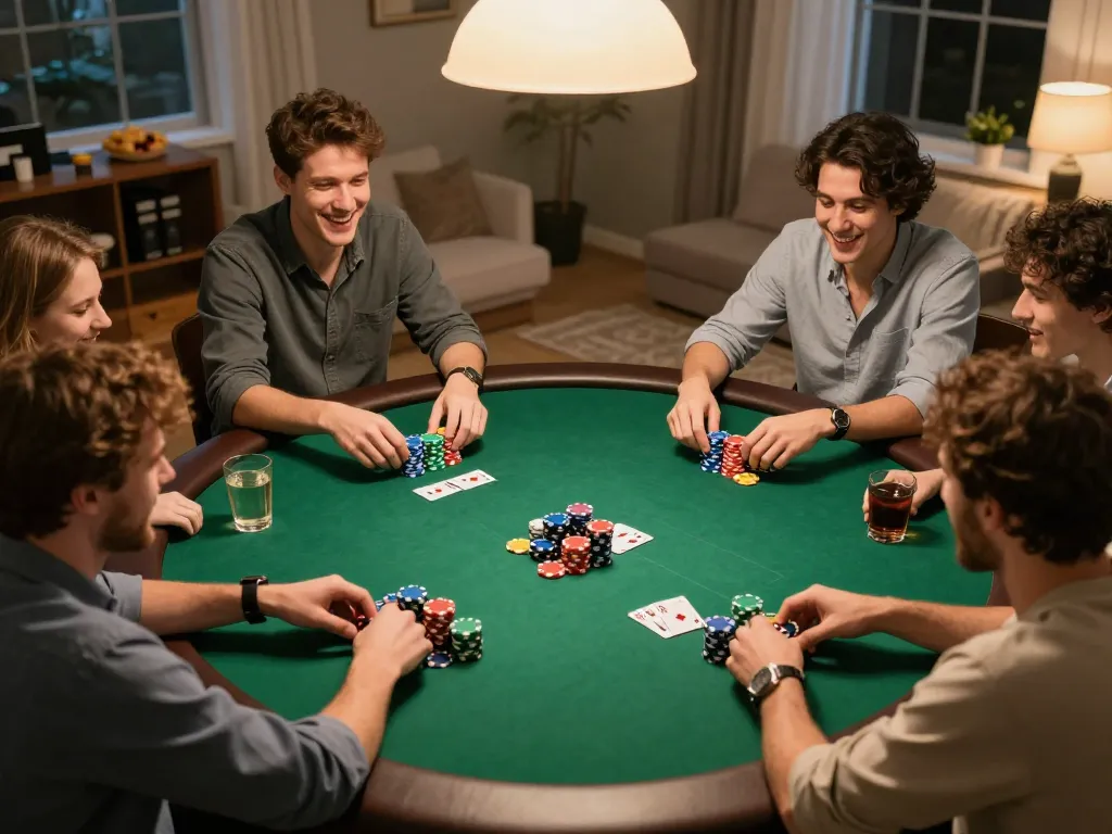 Friends enjoy a poker game night while navigating hidden wiki onion resources for safe betting.