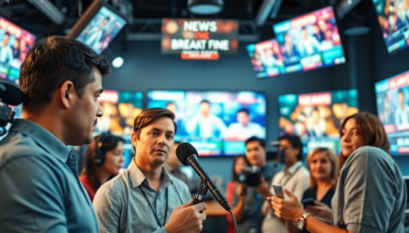 Journalists reporting breaking news in a vibrant newsroom environment.