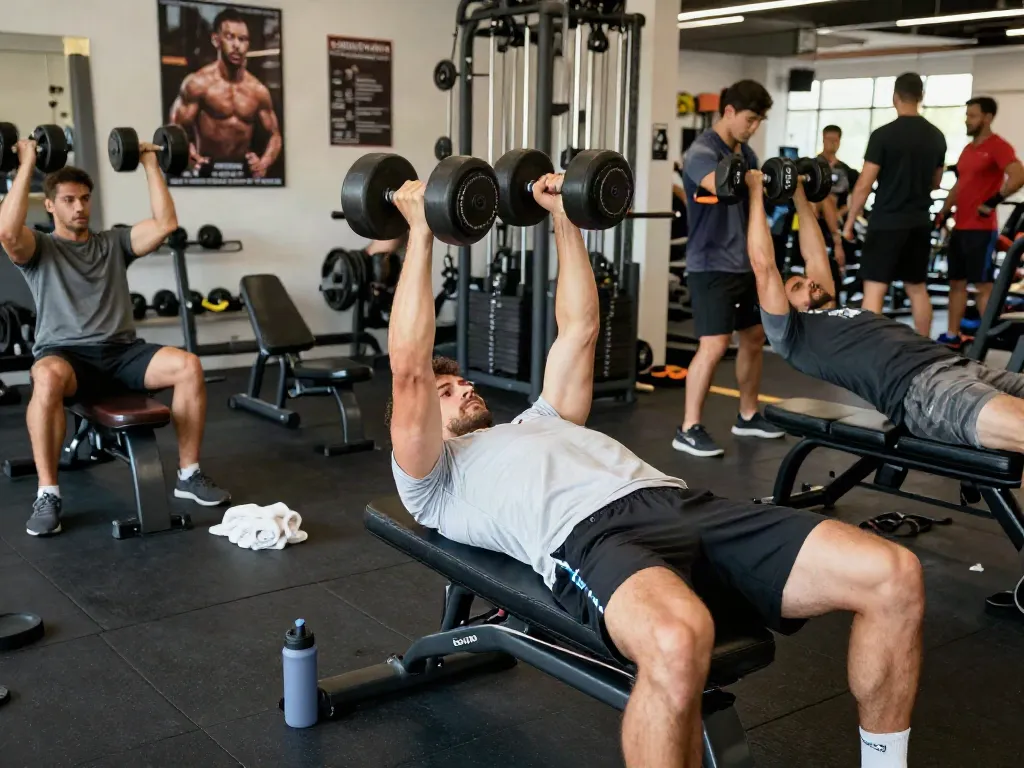 Intense workout featuring an athlete using dumbbells in a gym, promoting anabolizzanti online.