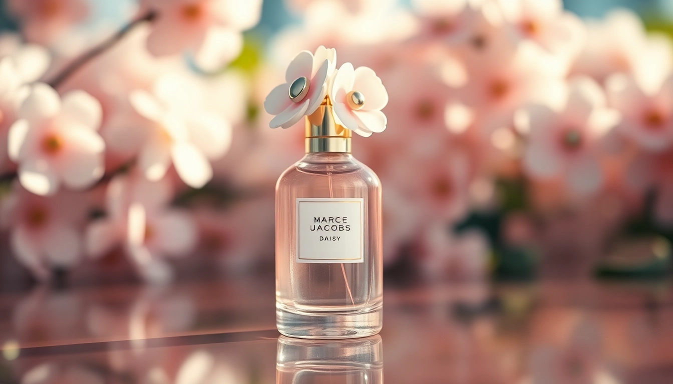 Captivating view of marc jacobs daisy 100ml Eau de Toilette bottle surrounded by pastel flowers.