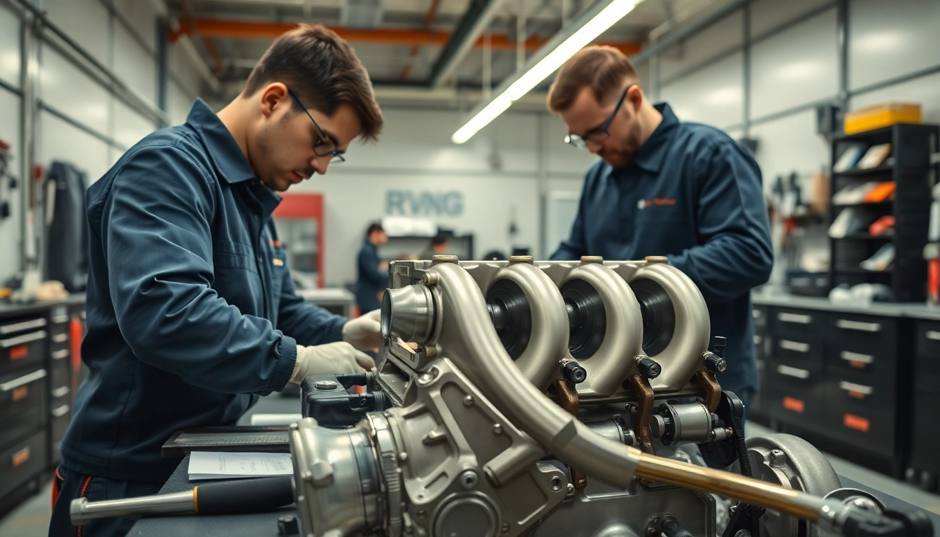 Engine mechanics assembling RVNG B58 Intake Manifold Block-Off in a modern workshop.