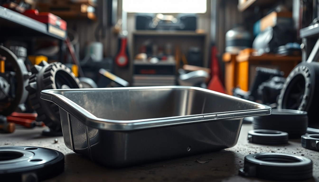 Oil Drain Pan positioned prominently, showcasing its shiny surface and practical design in an automotive workshop.