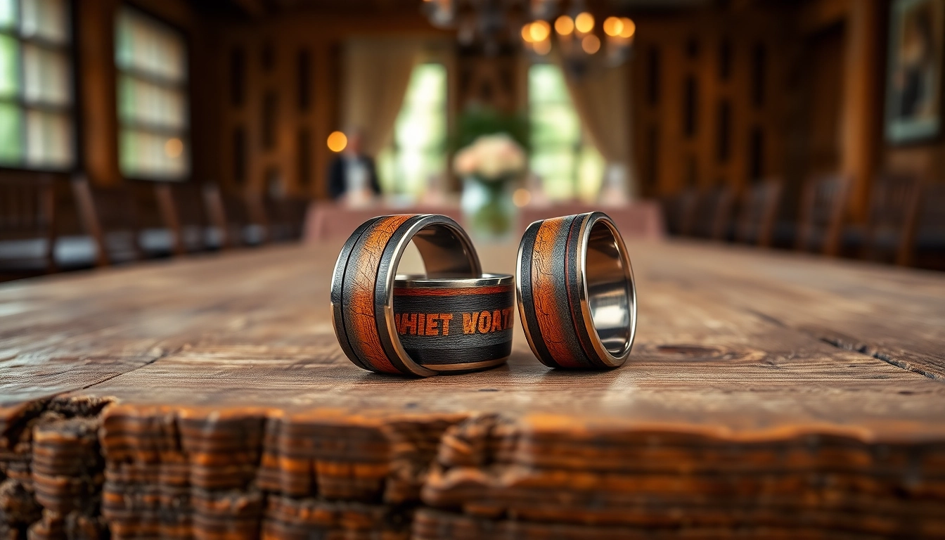 Beautiful whiskey barrel wedding bands displayed on a rustic table highlighting their unique craftsmanship.