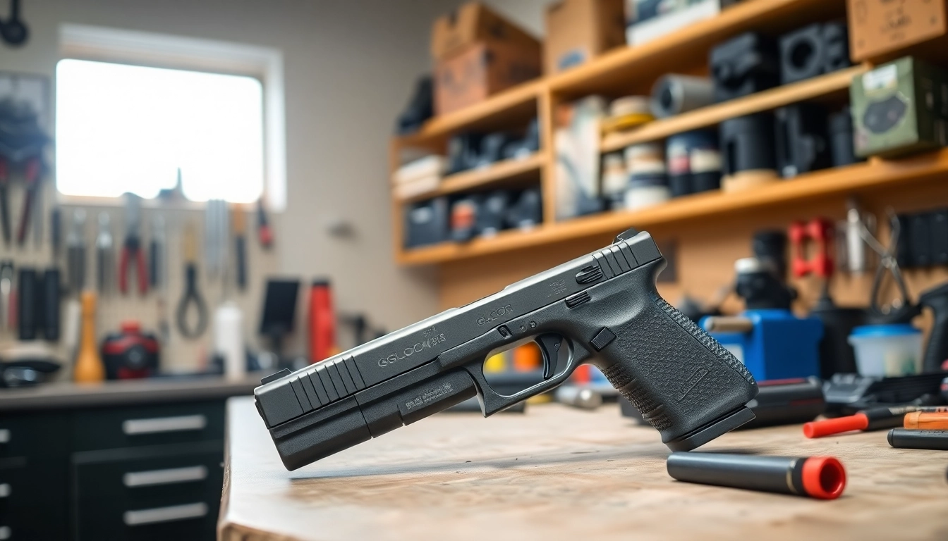 Showcase of the Glock 19 Gen 5 MOS OEM Slide highlighting its precision and detailing in a workshop.
