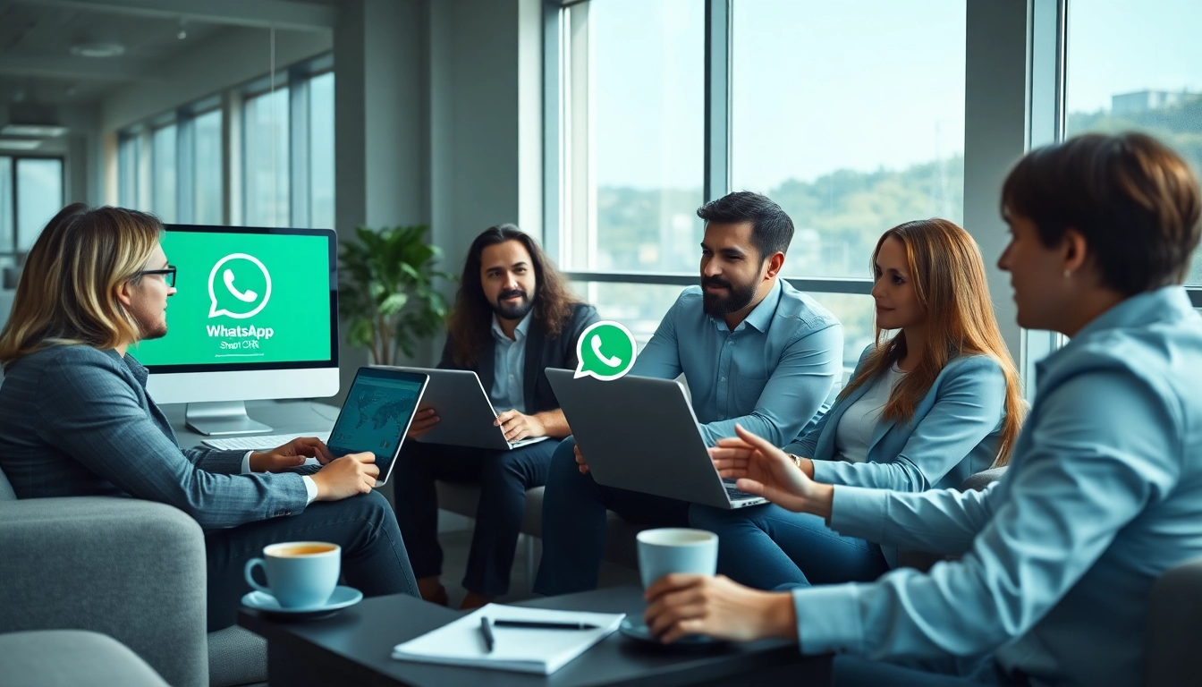 Showcase WhatsApp Smart CRM in action among a collaborative business team using modern devices.