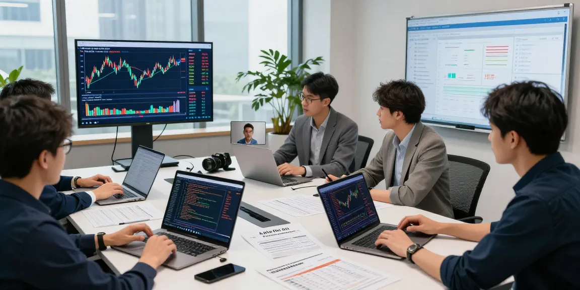 Developers analyzing HK stock backtesting API data in a collaborative workspace with laptops and charts.