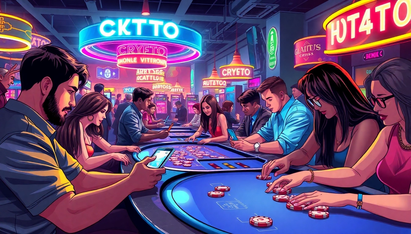 Learn what is crypto casino with a lively illustration of players engaged in gaming.