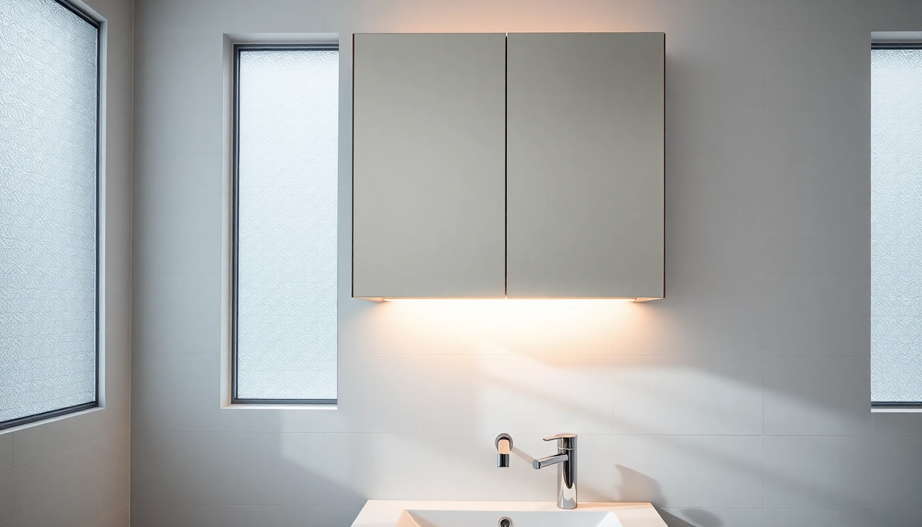 Explore a stylish bathroom cabinet with mirror and light in a bright, elegant bathroom setting.
