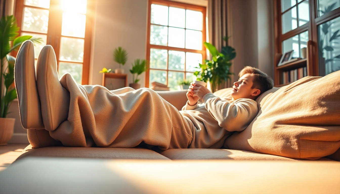 Man in oversized sweatpants enjoying coffee on a cozy sofa in a sunlit living room.