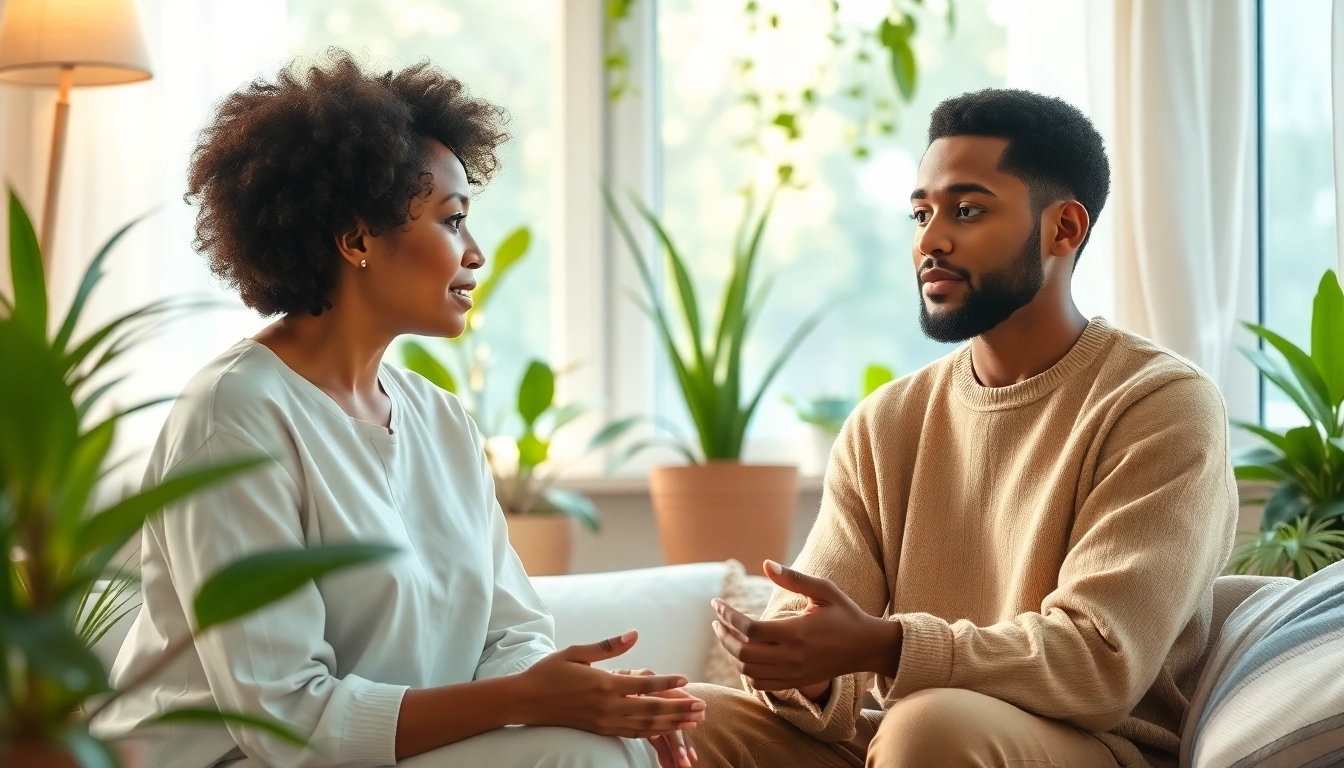 An individual discusses anxiety symptoms with a mental health professional amid soothing surroundings.