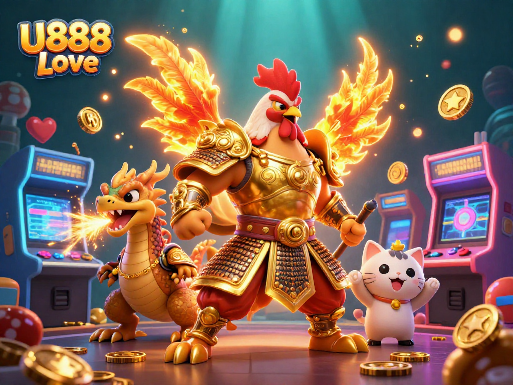 Spin the reels with U888 Love in a vibrant 3D casino scene featuring dynamic game elements.