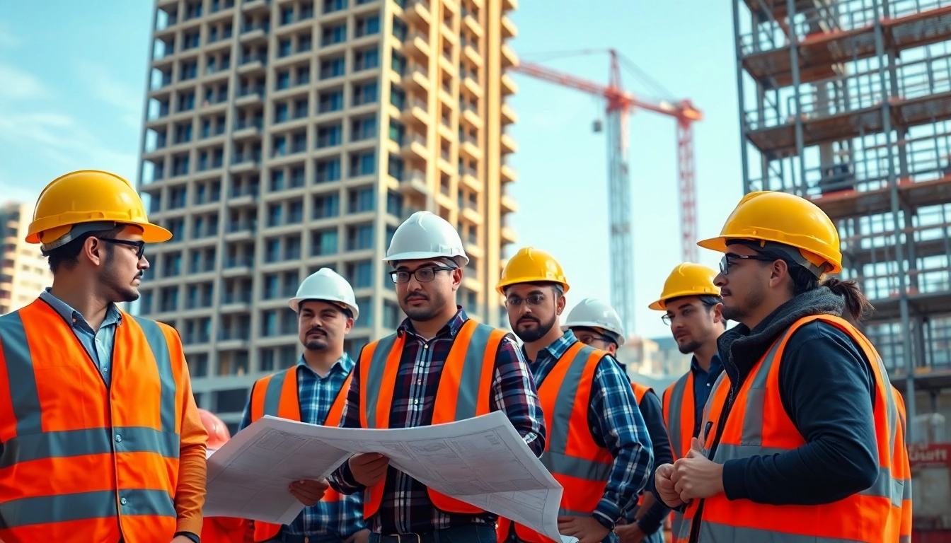 Workers actively engaged in construction safety programs on a vibrant urban construction site.
