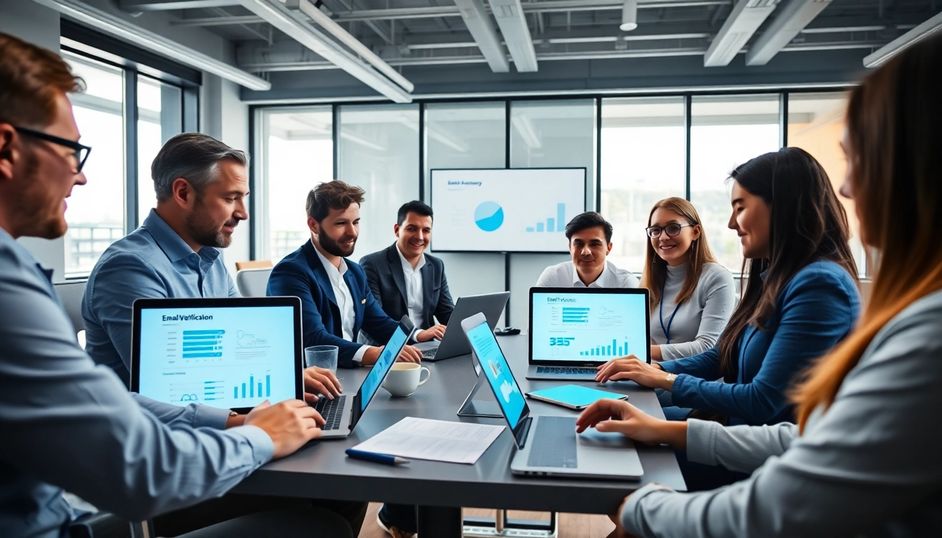 Email verification process in a modern office setting with diverse team using technology to improve data accuracy.