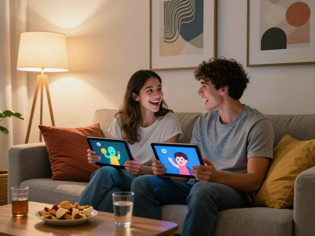 Engaging NSFW chat experience with AI characters on tablets in a cozy setting.