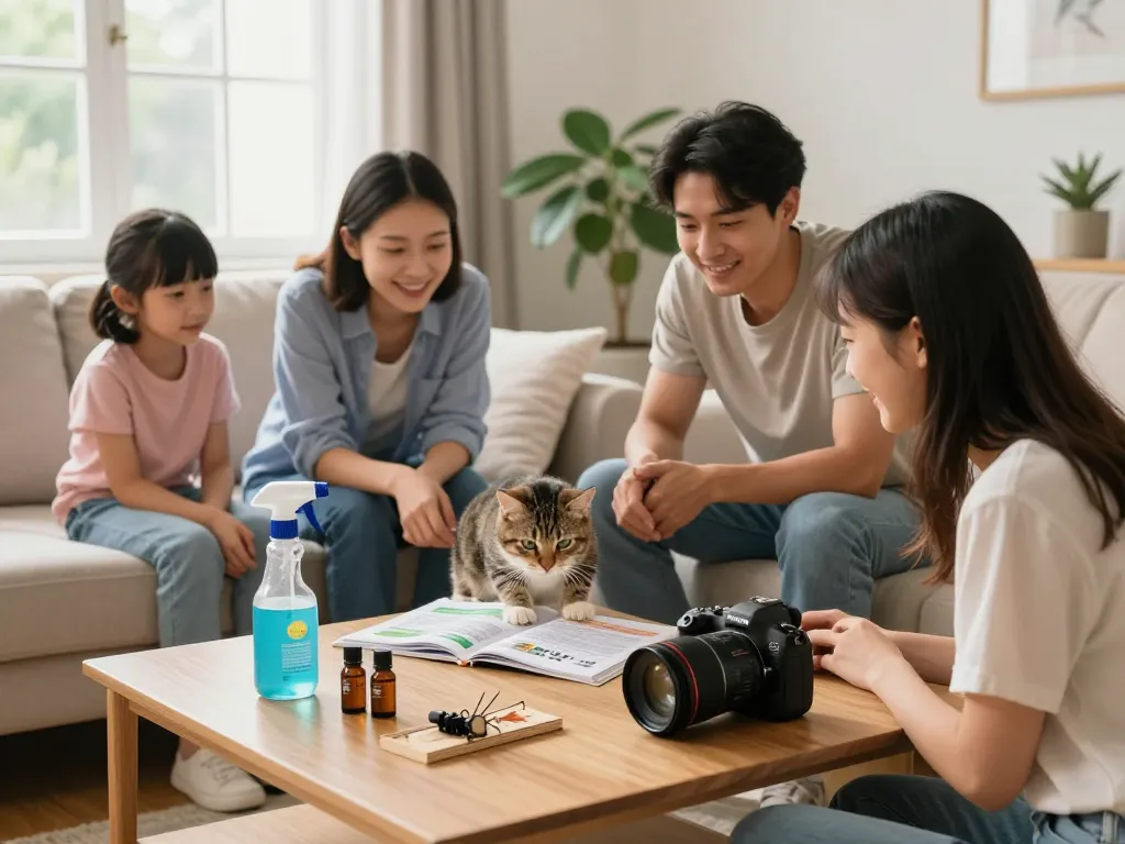 Family exploring a pest control guide with their pet cat, surrounded by prevention tools in a cozy home.