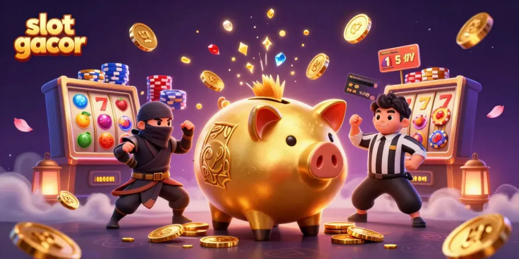Experience the thrill of slot gacor with vibrant characters celebrating a jackpot win.