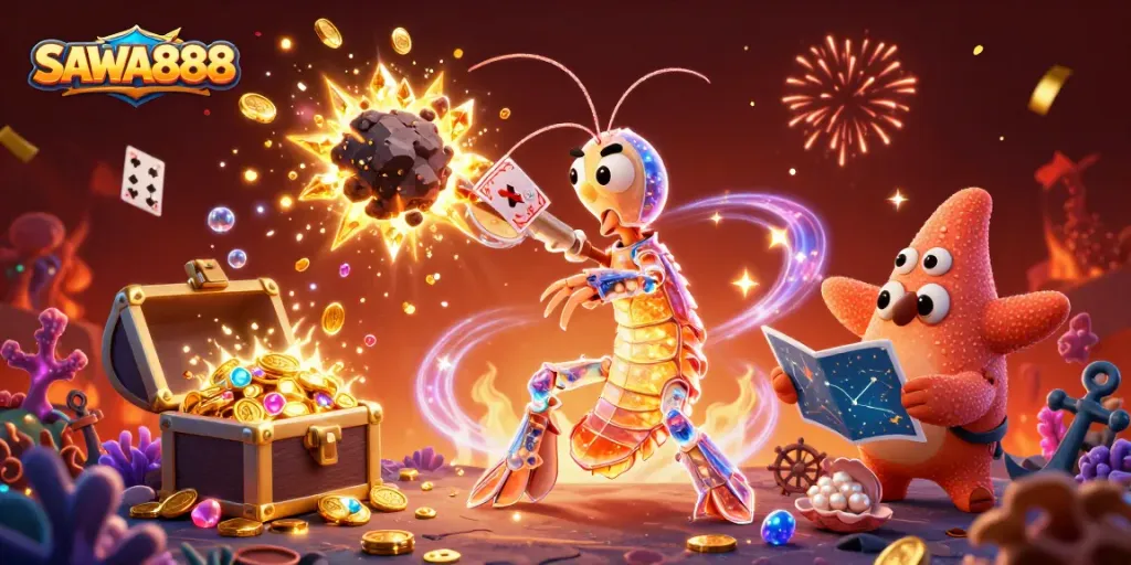 Experience thrilling gameplay with SAWA888 in a vibrant 3D casino-themed world filled with gems, coins, and underwater treasures.