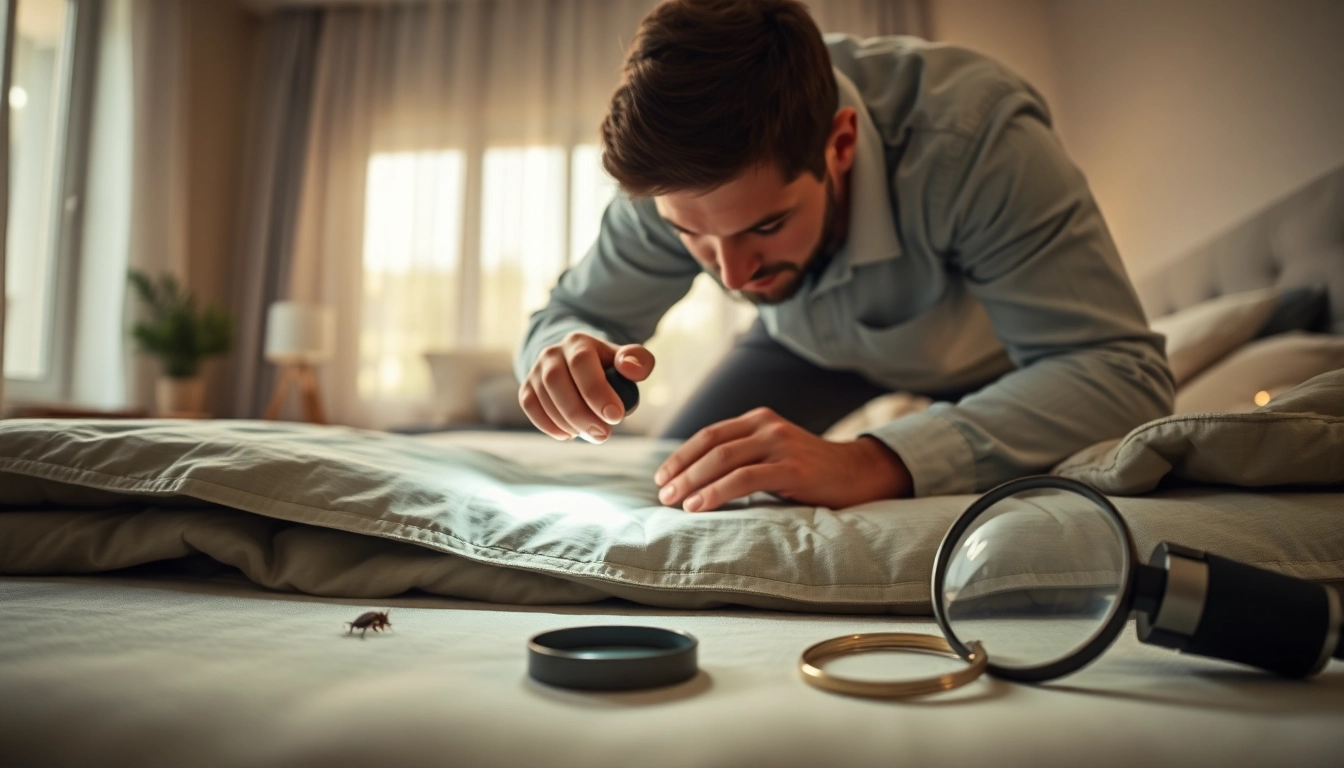 Inspecting a bed for bed bug pest control with tools and natural lighting to enhance visibility.