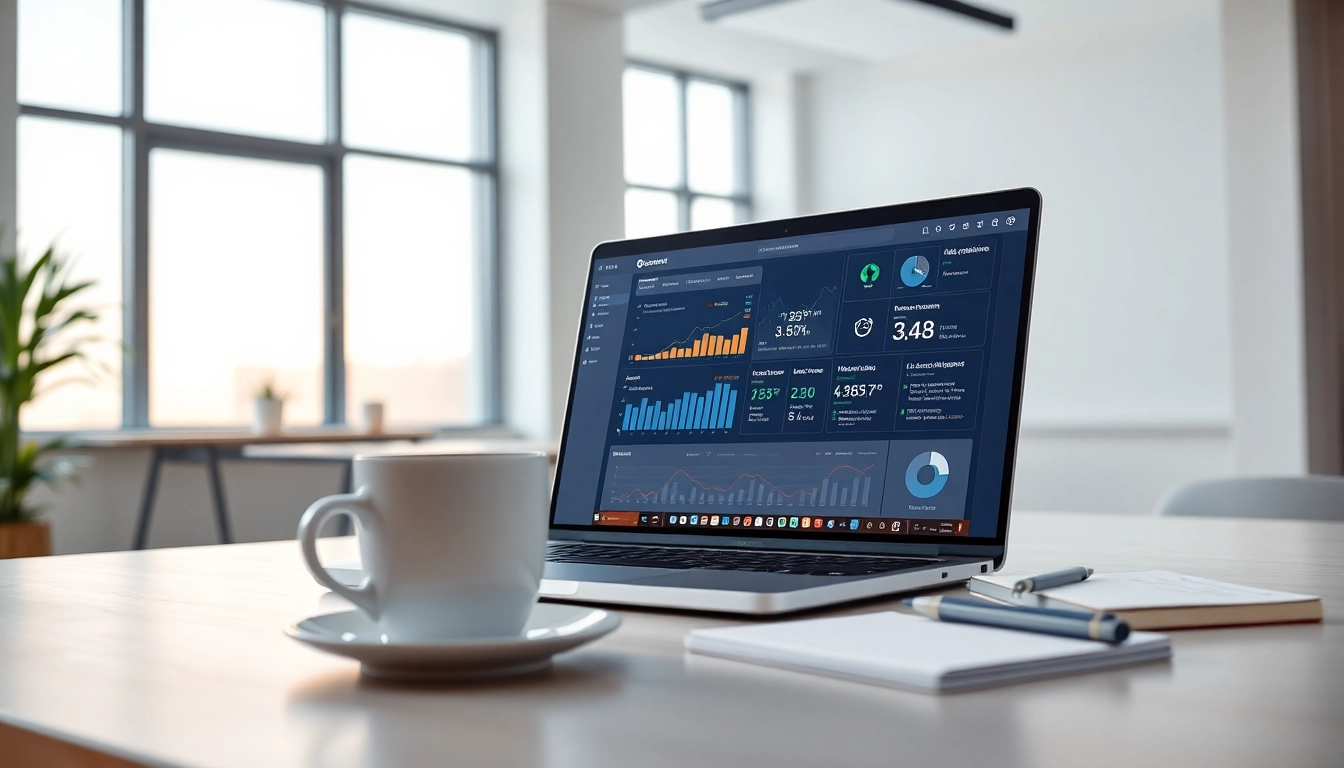 Illustration of enterprise assistant software being used effectively on a laptop in a professional office space.