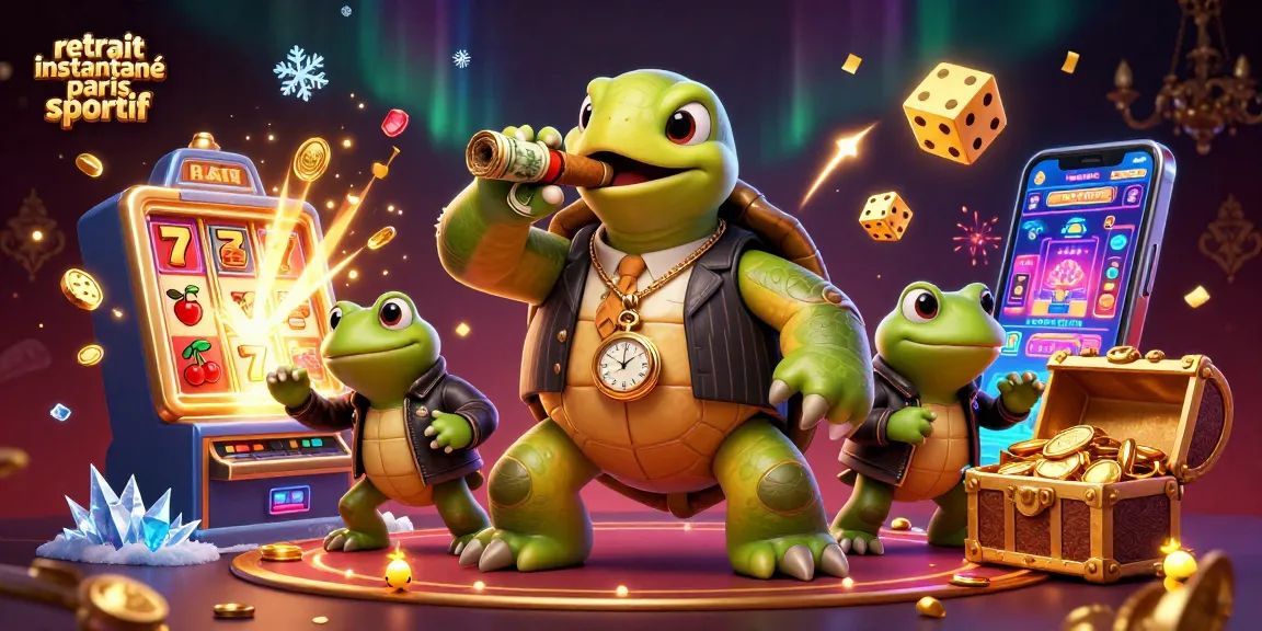 Retrait instantané paris sportif : illustration dynamique avec tortue cartoonesque et éléments de jeu scintillants.