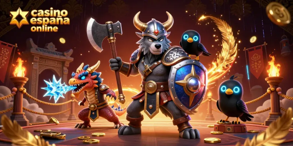 Gana en el casino España online con guerreros y dragones en una escena épica.