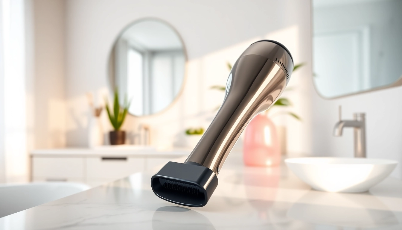Using an ionic blow dryer for frizz-free, shiny hair in a well-designed bathroom setting.