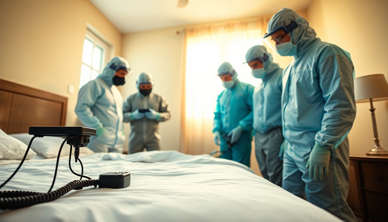 Bed bug exterminators conducting a thorough inspection of a bedroom for pest control.
