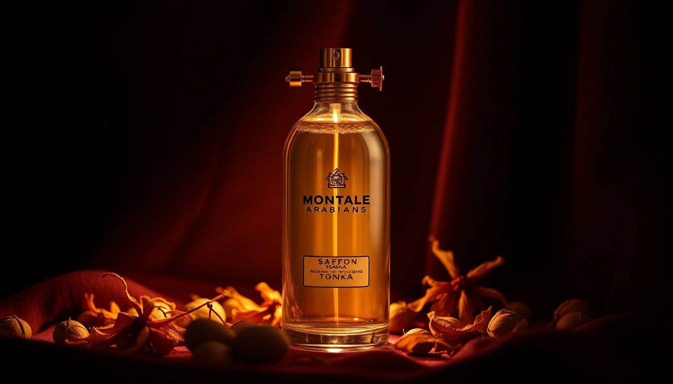 Showcasing the Montale arabians tonka fragrance bottle with saffron and tonka beans in an elegant setting.