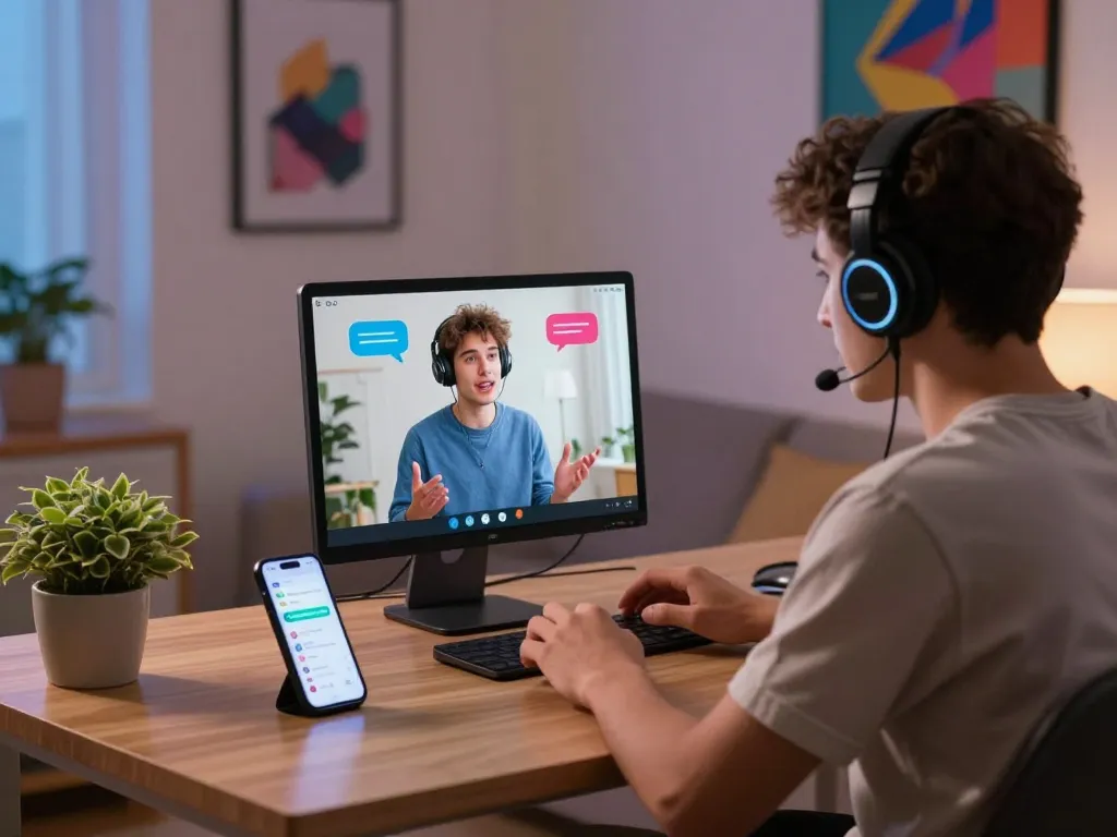 Engaging spicychat scene with user interacting with an AI companion in a cozy digital space