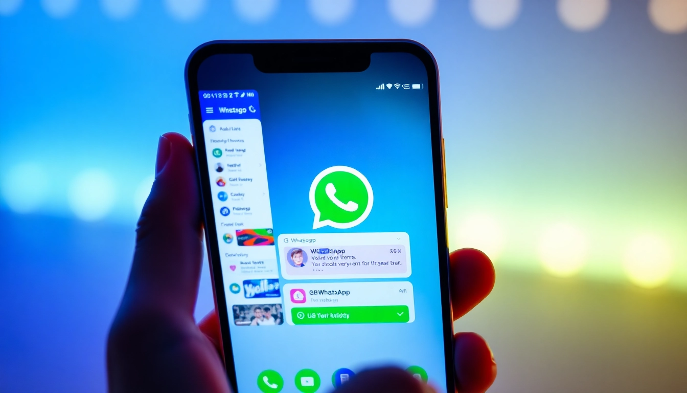 Vibrant GB WhatsApp mobile interface showcasing chat features and themes.