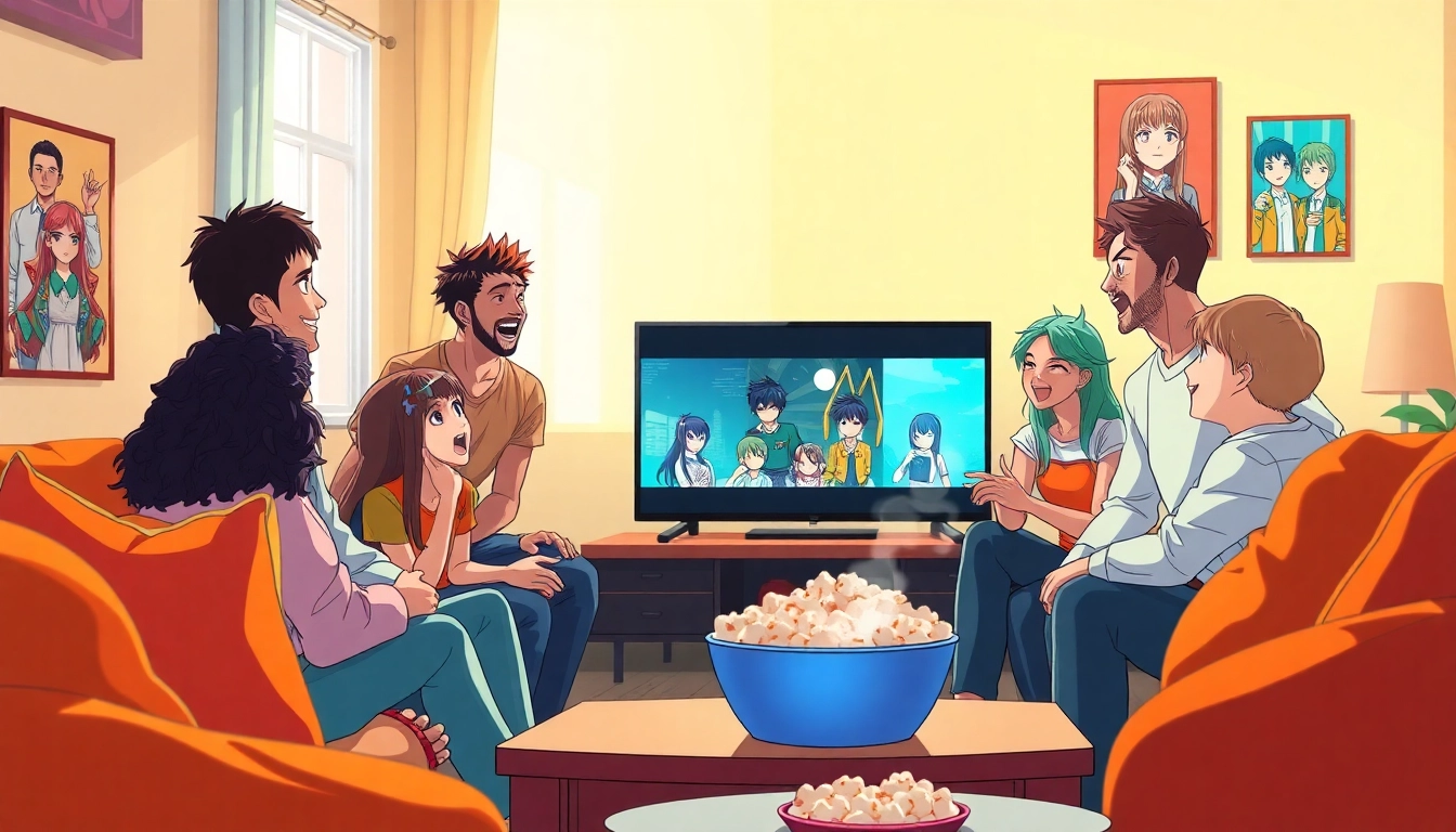 Friends enjoy watching anime series online together in a cozy living room setting.