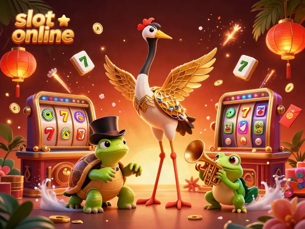 Permainan slot online dengan simbol berkilau dan elemen keberuntungan menghiasi ilustrasi 3D berwarna-warni.