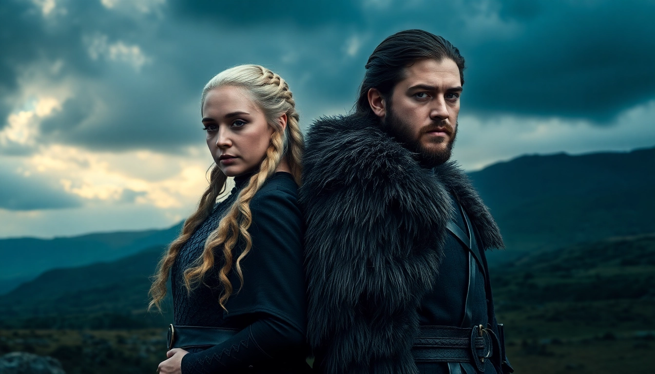 Emilia Clarke and Kit Harington portray the game of thrones cast in character with dramatic scenery.