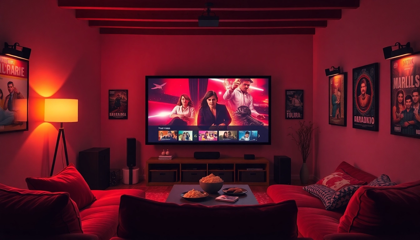 Enjoy filme online subtitrate in a cozy home theater setup with ambient lighting.
