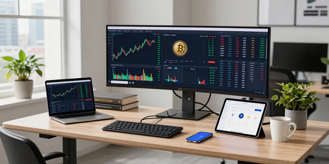 Trusted cloud mining company workspace with Bitcoin price charts, DeFi platforms, and crypto wallet displays