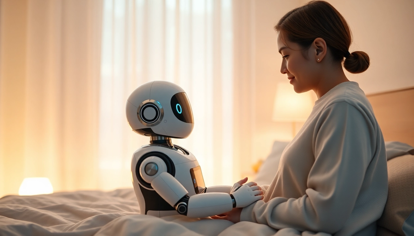 AI sex: A human and an AI robot sharing an intimate moment in a modern bedroom, showcasing companionship.