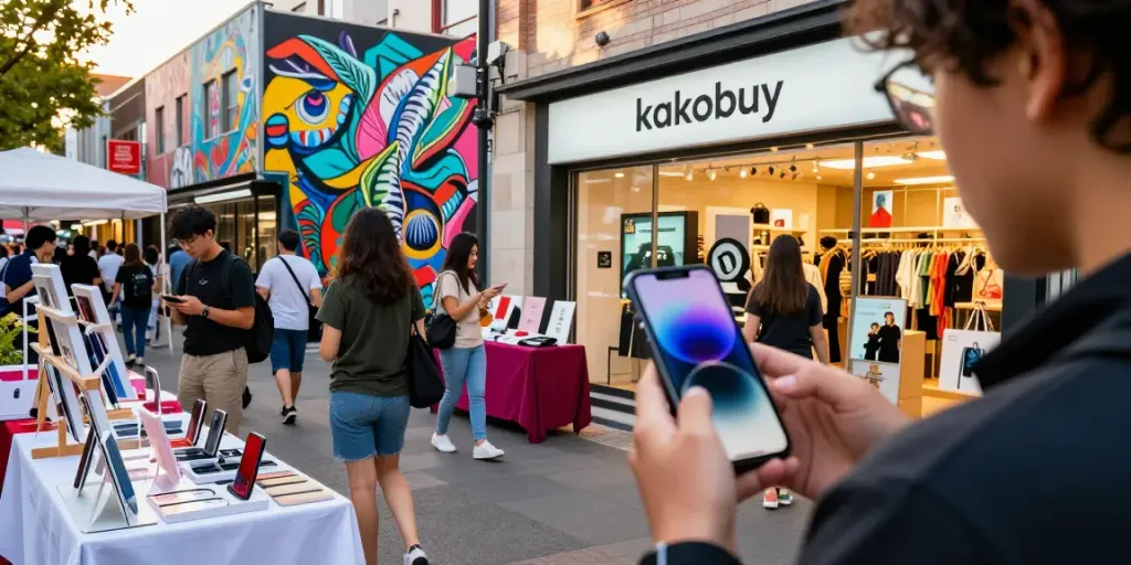 Shoppers exploring products online with kakobuy logo displayed in vibrant urban marketplace