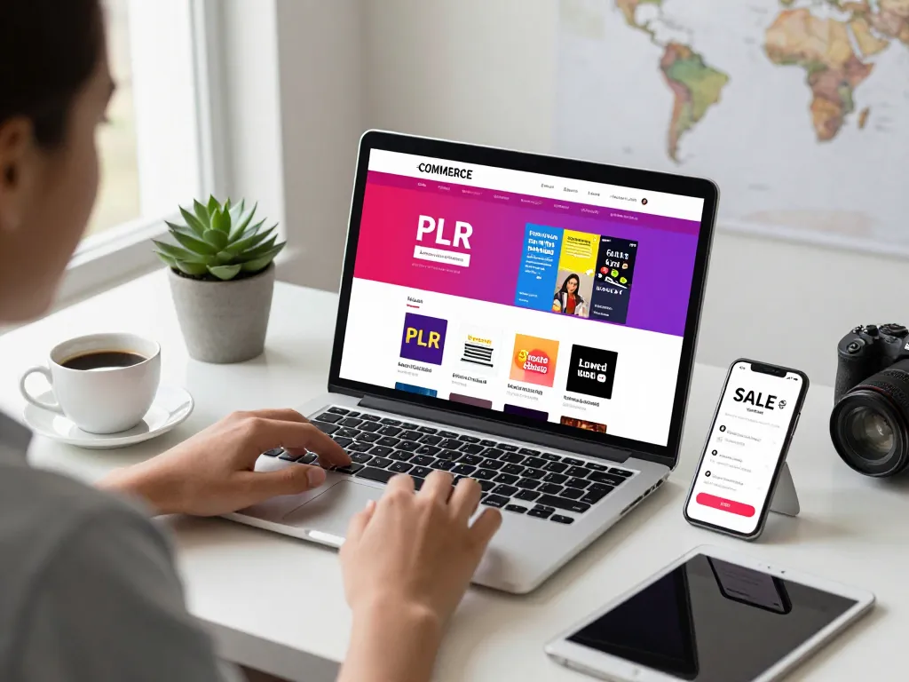 Buy PLR Digital Products with engaging online shopping experience, featuring colorful eBook covers and a motivating workspace