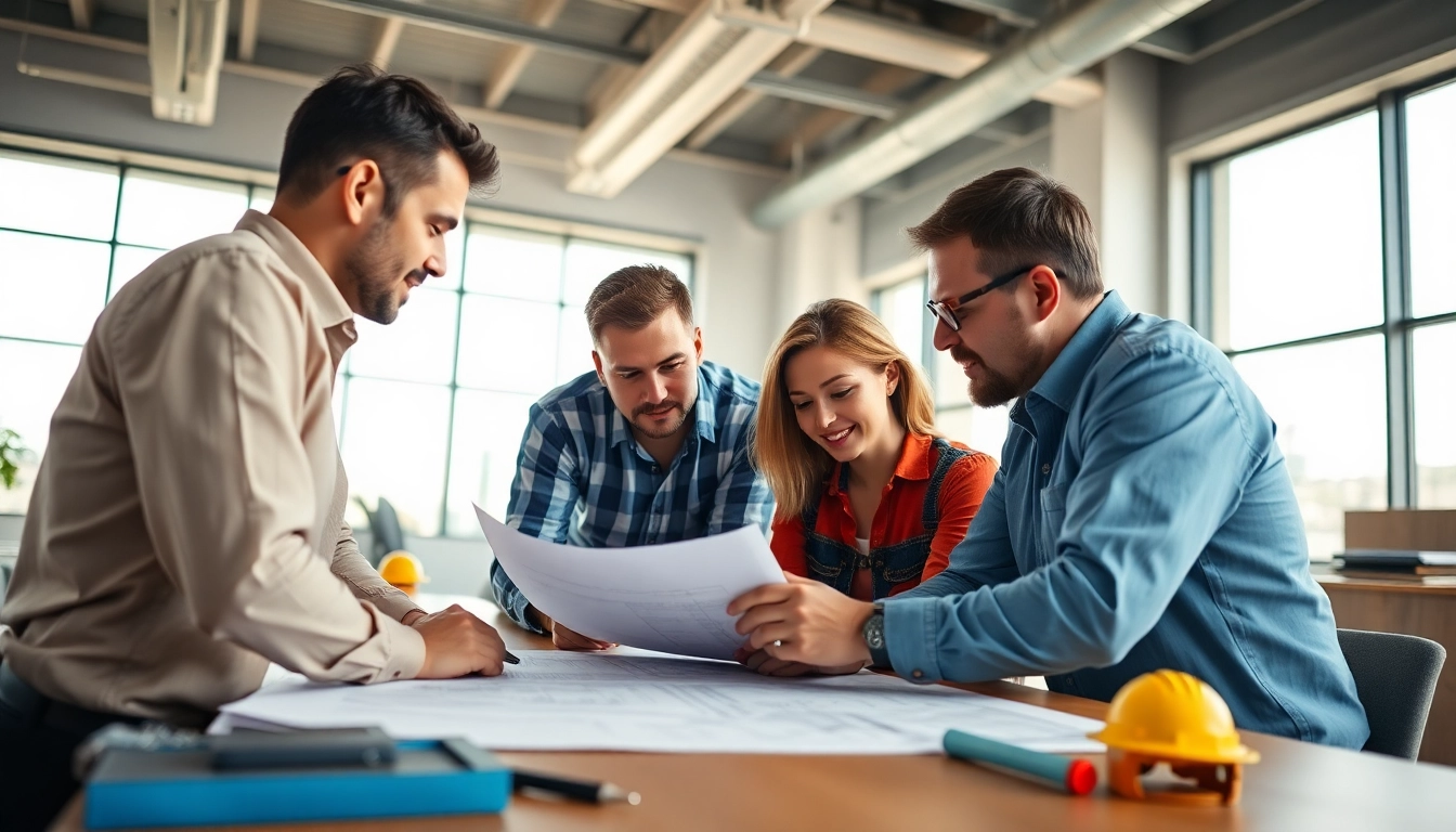 Collaboration among southern california contractors association members reviewing plans in a bright office.