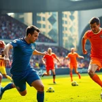 Players showcasing team football kits in an energetic soccer match with vibrant colors.