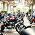 Gebrauchte Motorräder kaufen in einem lebhaften Motorradhändler mit verschiedenen Modellen.