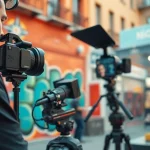 Capturing a dynamic commercial videography scene by a professional videographer in an urban setting.