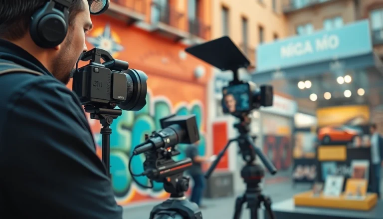 Capturing a dynamic commercial videography scene by a professional videographer in an urban setting.