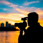 Tampa photography showcasing a photographer capturing a sunset with tropical elements.