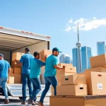 Toronto movers loading furniture into a modern truck against the iconic skyline.