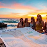 Cabo trip planner showcasing happy travelers by the beach during sunset with a travel map.