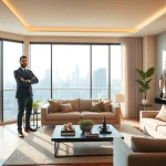Real Estate agent presenting a luxury home in a modern urban setting with a city skyline view.