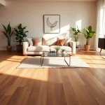 Belle pièce présentant un carrelage imitation parquet avec un design intérieur chaleureux et moderne.