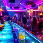 Vibrant nightlife at Club SXM featuring elegant patrons, cocktails, and live performances.